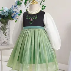 プリンセスドレス　花柄刺繍入り長袖メッシュドレス　パーティー　誕生日　ハロウィン　キッズドレス　衣装　仮装