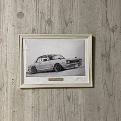 日産 ニッサン スカイライン ハコスカ GTR 2ドア　鉛筆画　名車 旧車 ノスタルジックカー イラスト 絵画 デッサン 絵　A4サイズ   額付き 作者直筆サイン入り 車好き 男性 向け バースデー  退職祝い ギフト クリスマス プレゼント にも最適