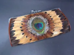 ■美品■ 孔雀の羽 がま口 ポーチ 小物入れ マルチケース レディース メンズ ブラウン系×マルチカラー DE2277