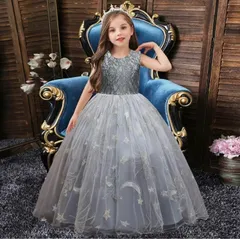 星空柄レースチュールのロングドレス　女の子　ワンピース　発表会　結婚式