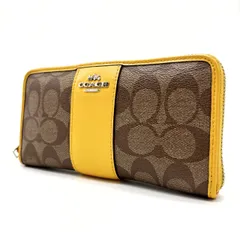 ✨良品✨ COACH コーチ 長財布 ラウンドファスナー ロングウォレット シグネチャー 総柄 バイカラー 馬車金具 シルバー金具 ロゴ型押し 定期入れ 小銭入れ カードケース PVCレザー レディース ベージュ 肌色 イエロー 黄色