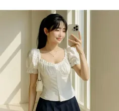 新品 夏 スクエアネック 華奢 パフスリーブ フリルブラウス