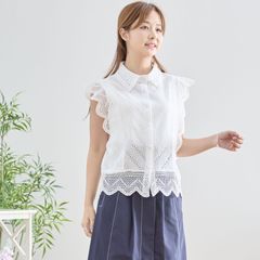 美品 La-gemmeフリルビッグカラー スタンドネックノースリーブブラウス