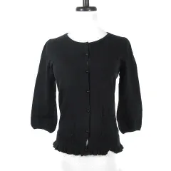 アプワイザーリッシェ Apuweiser-riche ニット カーディガン 七分袖 クルーネック 裾フリル コットン 薄手 無地 2 黒 ブラック トップス /PI