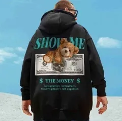 パーカー　ブラック　XXL　プルオーバー　クマ　バックプリント　欧米 　フーディー　ベア　ストリート　2XL　ビッグシルエット　フード付き　フード　くま　カジュアル　オーバーサイズ　ヒップホップ　3L　クロ　黒　black　くろ