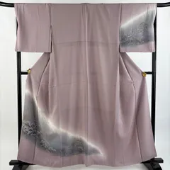 付下げ 身丈159.5cm 裄丈67.5cm L 袷 樹木 建物 ぼかし 銀彩 薄紫 正絹 秀品 【中古】