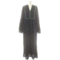 ヌキテパ NE QUITTEZ PAS! Cotton Gauze Full Embroidery Gather Dress ワンピース ロング 長袖 総柄 M ネイビー ライトグリーン ラベンダー /DO ■OS