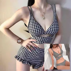 水着 レディース チェック柄 ビキニ クロスデザイン フリル ショートパンツ ボーイレッグタイプ セクシー 三角ビキニ 千鳥格子柄 セパレートビキニ びきに 海水浴 プール 温泉 リゾート 2点セット531