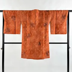 道行 身丈98cm 裄丈66cm M 和装コート 角衿 草花 地紋 オレンジ 正絹 美品 秀品 【中古】