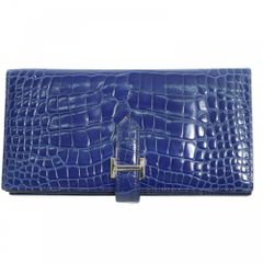 エルメス 長財布 ユニセックス ベアンスフレ 二つ折り ロングウォレット 本革 メンズ レディース HERMES □O  アリゲーター   ブルー 青 シルバー金具 2011年【中古品】