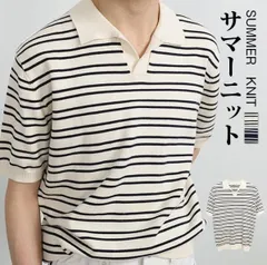 サマーニット ニットトップス ポロシャツ  韓国風 メンズ 半袖Tシャツ  ゴルフシャツ  トップス カットソー カジュアル ビジネス 仕事 ボーダー 薄手 半袖 Tシャツ kuyit23