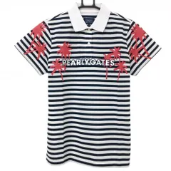 【新品】パーリーゲイツ 半袖ポロシャツ 白×ネイビー ボーダー ヤシの木プリント レディース 0(S) ゴルフウェア PEARLY GATES