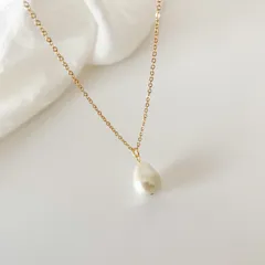 122-2. 金属アレルギー対応 一粒ぷっくり雫 コットンパール ゴールド ネックレス(サージカルステンレス)