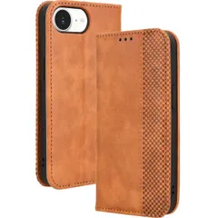 iPhone 16e ケース 手帳 チェック柄 合革 レトロ 手帳 ケース 【Color】キャメル