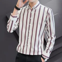 ☆ ホワイト×レッド ☆ XL ☆ ストライプシャツ メンズ 長袖シャツ ストライプシャツ メンズ 長袖シャツ ストライプ 長袖 シャツ ワイシャツ カジュアル メンズシャツ シンプル スリム カジュアルシャツ オシャレ おしゃれ きれいめ 襟つき 春 夏 秋