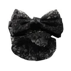 【A：ブラック×ワンサイズ】[Cream dot. クリームドット公式] ヘアアクセサリー レディース シニヨンネット バレッタ リボン お団子 シニヨン 髪留め お団子ネット お団子カバー ネット付きバレッタ 簡単 レース サテン調 ヘアアレンジ 大人