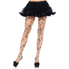 蝶のプリント入り パンスト パンティストッキング タイツ 派手柄 ベージュ 肌色 透け シアー レディース フェイクタトゥー 薄手 コスプレ衣装 セクシー かわいい 可愛い 薄め ロリータ模様入り美脚女装レッグアベニューleg avenue★2