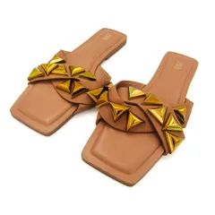 ザラ サンダル ミュール スリッパ フラットサンダル スタッズ 靴 レディース 37サイズ ベージュ×ゴールド ZARA 【中古】