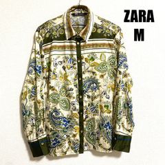 ZARA 総柄 シャツ グリーン系  ボタン M 長袖 スカーフ彫 ペイズリー柄 ポリエステル