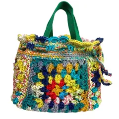 かわいい手編みトートバッグ 巾着 新品 ハンドメイド リバーシブル かぎ針編み クロシェ 一点物 カラフル コットン糸またはアクリル糸を使用 GT