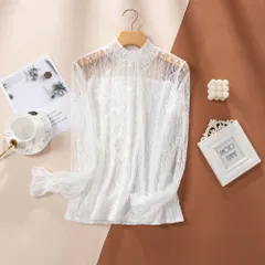 ☆ ホワイト ☆ Lサイズ ☆ カットソー lysh2 シースルー カットソー レディース 長袖 シャツ 薄手 メッシュ レース シアー シアータートル タートルネック フリルネック ハイネック 重ね着 レイヤード エレガント 透け カジュアル きれいめ 上品