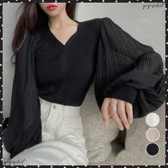 ニットカーディガンボリューム袖Vネックレディース ニットブラウス 異素材 切り替え トップス ランタンスリーブ 羽織 前開き 無地 こなれ感 ブラウス 通学韓国風 カジュアル 大人 春秋コーデ 長袖ゆったり着やせ