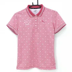 【超美品】プーマ 半袖ポロシャツ レッドピンク系×白 千鳥格子 襟・袖口ライン レディース L ゴルフウェア PUMA