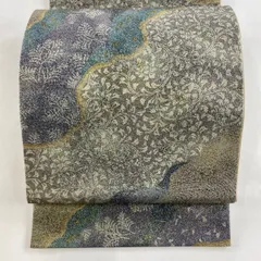 正絹 伊那紬 袋帯 網目 金彩 灰緑 全通柄