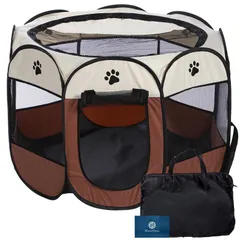 Ｌ_ブラウン HinaHima 折りたたみ式 ペットサークル 収納バッグ付き 組み立て不要 猫 犬用 ケージ 幅91cm×高さ58cm (Ｌ, ブラウン)
