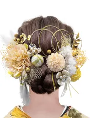 『大特価』 ダリア 髪飾り ナチュラル リボン タッセル ドライフラワー 成人式 卒業式 水引 金箔 Doscpe 和装 振袖 袴 ヘッドドレス 結婚式 七五三 DJJ04