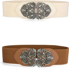 [Allegra K] ゴムベルト 伸縮性 ワイドウエストベルトフローラルメタルバックル レディース T109