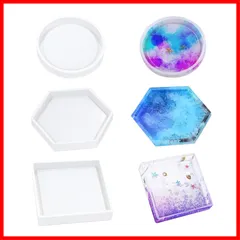 サムコス 3個セット コースター シリコンモールド 丸 六角形 正方形 エポキシ樹脂 UVレジン 粘土 ソフトモールド DIY 手作り 置き皿 皿 型 抜き型 取り出し簡単 樹脂工芸品 贈り物 (F)