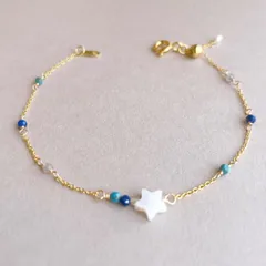 星と小さな天然石のブレスレット　ターコイズ　ラピスラズリ　ムーンストーン　パール　k16gp 誕生石　プレゼント