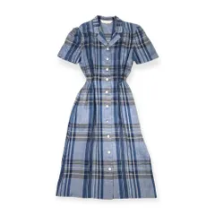90s Burberrys バーバリー チェック柄 半袖 リネン シャツワンピース 7AB2 /ブルー系/ビンテージ