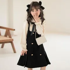 120 キッズ フォーマル ワンピース 長袖 リボン付き ジャンスカ ジャンパースカート ブラウス 女の子 ガール 七五三 発表会 秋冬 春 イベント パーティー ブラックフォーマル 入園式 入学式 卒園式 卒業式 お正月 結婚式 お呼ばれ お誕生日会 撮影会