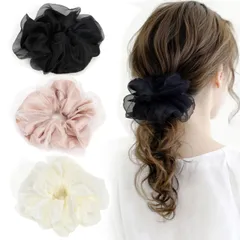 【迅速発送】BIANHUAN シュシュ ヘアアクセサリー ヘアゴム オーガンジー シースルー 光沢 大人っぽい 大ぶり ビッグ まとめ髪 おしゃれ 3点セット カジュアル トレンド 大人 可愛い ギフト