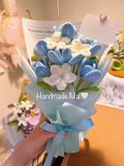 ミニ　青いチューリップ　花束　ギフト編み物　袋付き