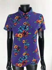 【USED】le coq sportif ルコック ポリエステル 半袖 ポロシャツ ロゴ刺繍 花柄 ネイビー 紺 レディース L ゴルフウェア