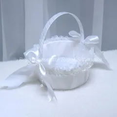 花かご ホワイト 白 かご ウェディング  レース 子供 結婚式 フラワーガール リングボーイ 花びら入れ 指輪用 リングピロー 手提げ 丸型 布製 リボン飾り イベント パーティー 小物