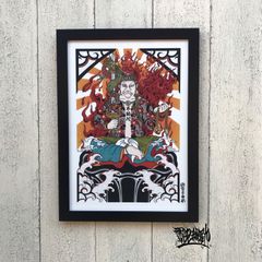 尾九 刺青画  不動明王座図  倶利伽羅 龍剣 A4サイズ フレーム付き
