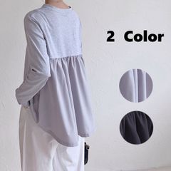 バックドレープ カットソー 長袖 クルーネック異素材切替　 大人かわいい　Tシャツ