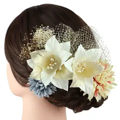 髪飾り 成人式 振袖 前撮り 袴 花 7点セット ゴールド 白 青 赤 カスミソウ レース リボン パールビーズ 和装 大人可愛い 粋 No.12-0922