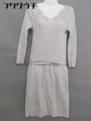 ◇ ◎ JUSGLITTY Vネック ウエストゴム 花柄 刺繍 パール 長袖 膝丈 ニット ワンピース サイズ2 グレー レディース  【中古】 【1112280002113】