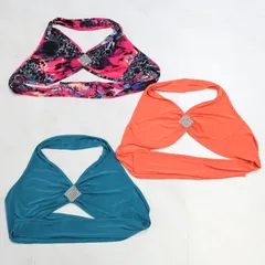 【ベリーダンス衣装 まとめ売り】トップス 全3点セット ピンク 水色 オレンジ 柄 リボン ストレッチ素材 レッスン着 Fサイズ 練習着