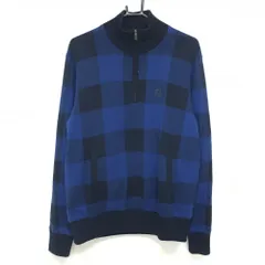 【美品】フットジョイ ハイネックセーター ネイビー×ブルー チェック 裏地付 ハーフジップ ニット  メンズ L ゴルフウェア FootJoy