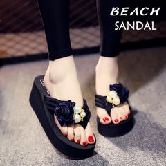 【日本倉庫即納】sandal447  レディース厚底サンダル ウェッジソール ビーチサンダル スリッパ 花とパール飾り草履