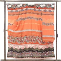 振袖 身丈158cm 裄66cm 前幅24cm 後幅29cm 袖丈108cm 袖幅33.5cm レディース 袷 横段柄 裄長 裄M-Lサイズ 秋冬春用 正絹（シルク）ブラウン やや難 リメイク リユース リサイクル【呉服のきくや】