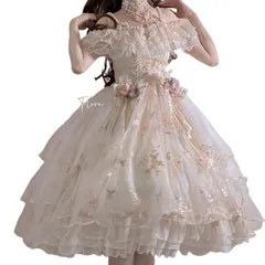 ワンピース シフォン 刺繡 オフショルダー ミディアム丈 リボン 花飾り ネックレス付き レース フリル コスプレ ロリータ ファッション かわいい ゆめかわ おしゃれ ドレス パーティー イベント 衣装 コスチューム ガールズ プリンセス  レディース