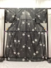 小紋/美品/ポリエステル/黒/桜/夏/М/日本製/仕立上がり/適応身長154～160㎝/5237
