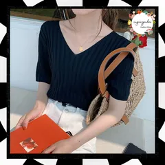 リブニット トップス レディースニットT 半袖 サマーニット リブ編み ひんやり フィット感 Vネック 夏トップス きれいめ 大人カットソー 冷感タッチ 柔らかい 夏服 無地 着やせ 全8色展開 サマー シルエット 薄手 89MYUGE-006